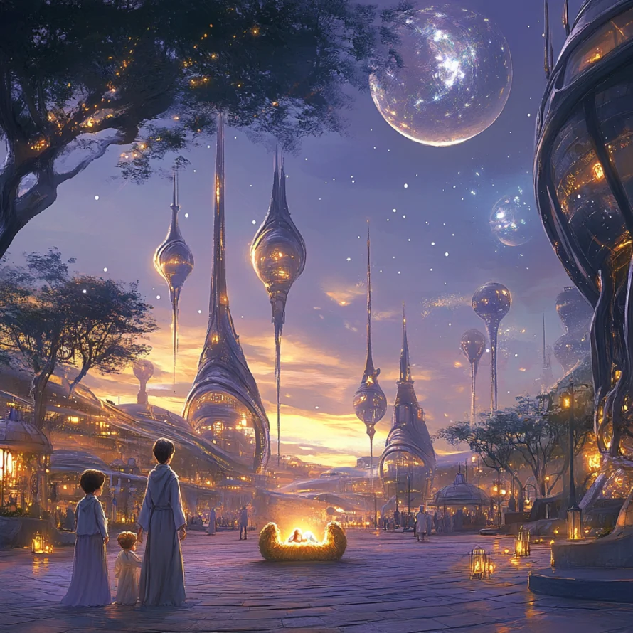 An illuminated futuristic city beneath a sky of floating worlds.