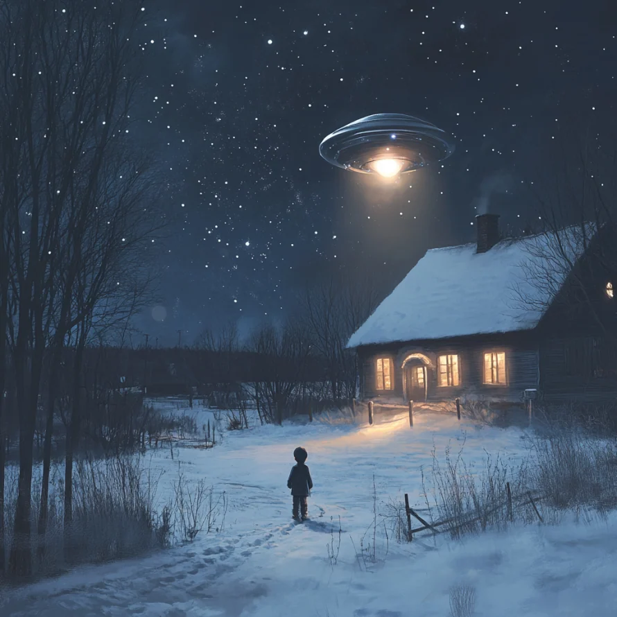 A small child watches a spacecraft above a snowy home on Earth.