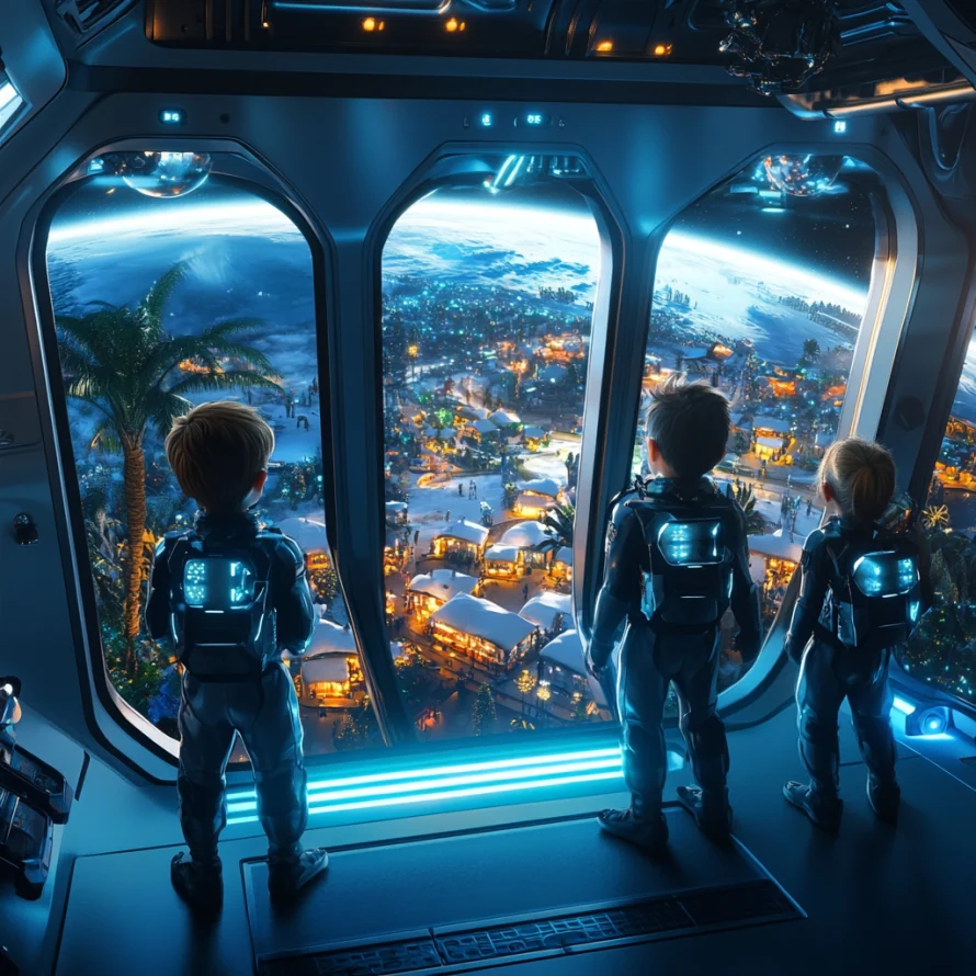 Three children look through spacecraft windows at a glowing, snow-covered landscape.