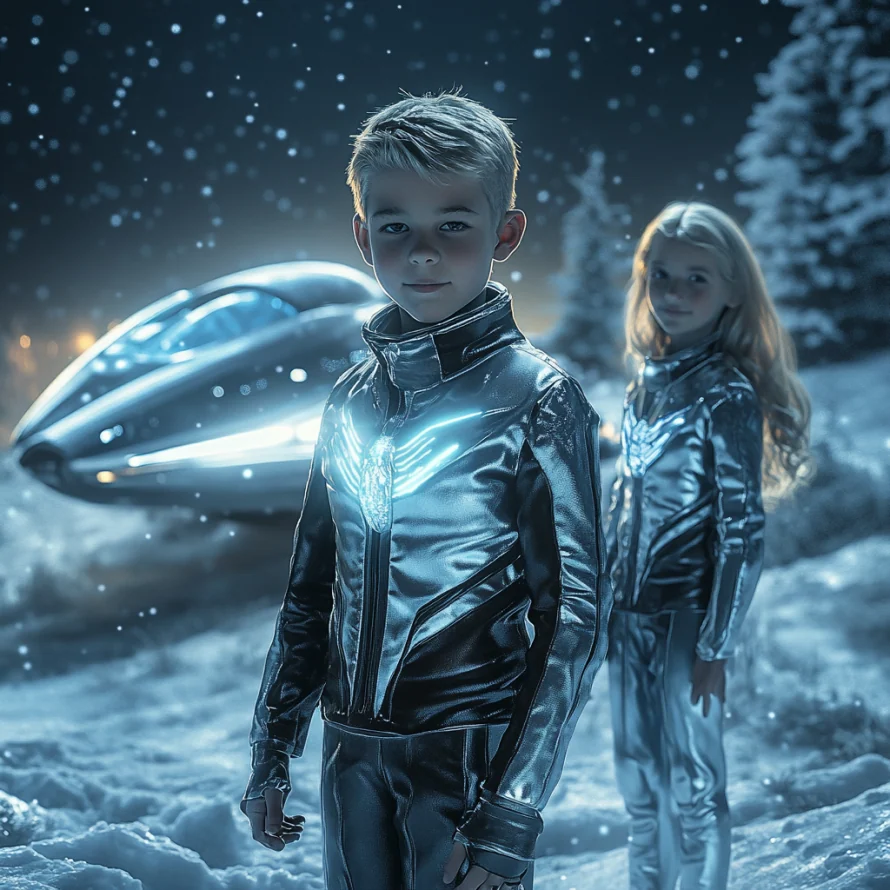 Two young visitors in silver suits beside a spacecraft in the snow.
